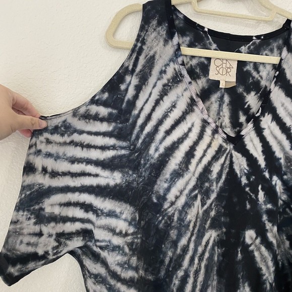 Chaser Womens Blouse Top Size Large Tie Dye Cold Shoulder Silk Black White - Picture 4 of 9